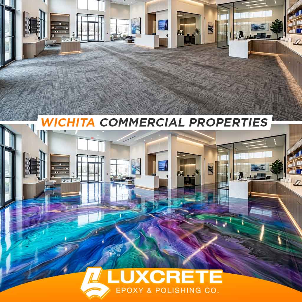 LuxCrete Epoxy & Polishing - Wichita's #1 Expoxy Flooring Experts - Metallic Epoxy Floors - Man Cave Project - BEFORE and AFTER - COMMERCIAL
