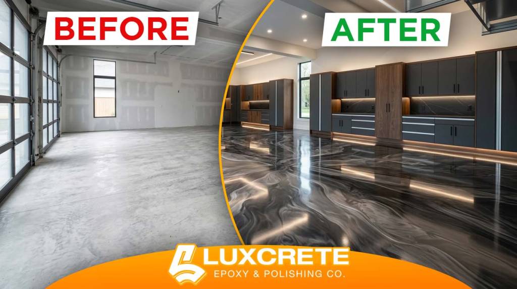 LuxCrete Epoxy & Polishing - Wichita's #1 Expoxy Flooring Experts - Metallic Epoxy Floors - Man Cave Project - BEFORE and AFTER - GARAGE