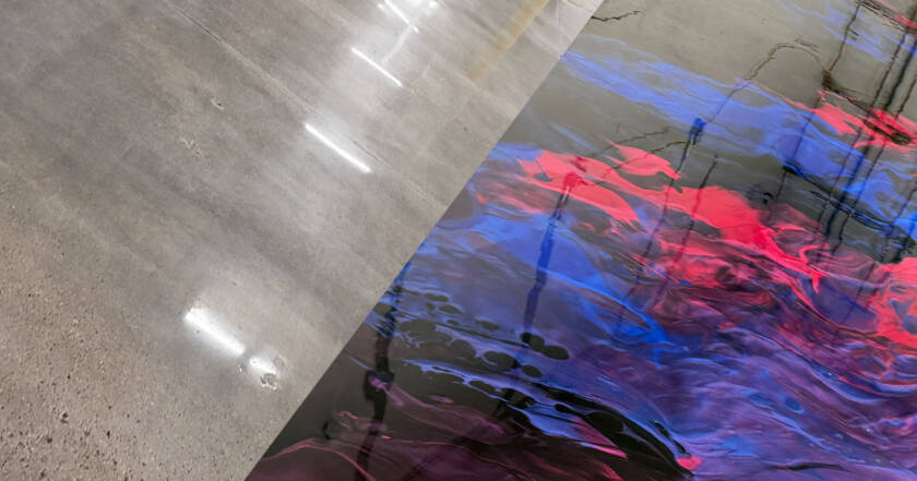 Side-by-side comparison of epoxy coated floor and polished concrete floor in Wichita