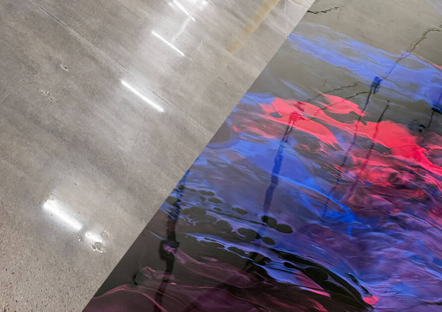 Side-by-side comparison of epoxy coated floor and polished concrete floor in Wichita